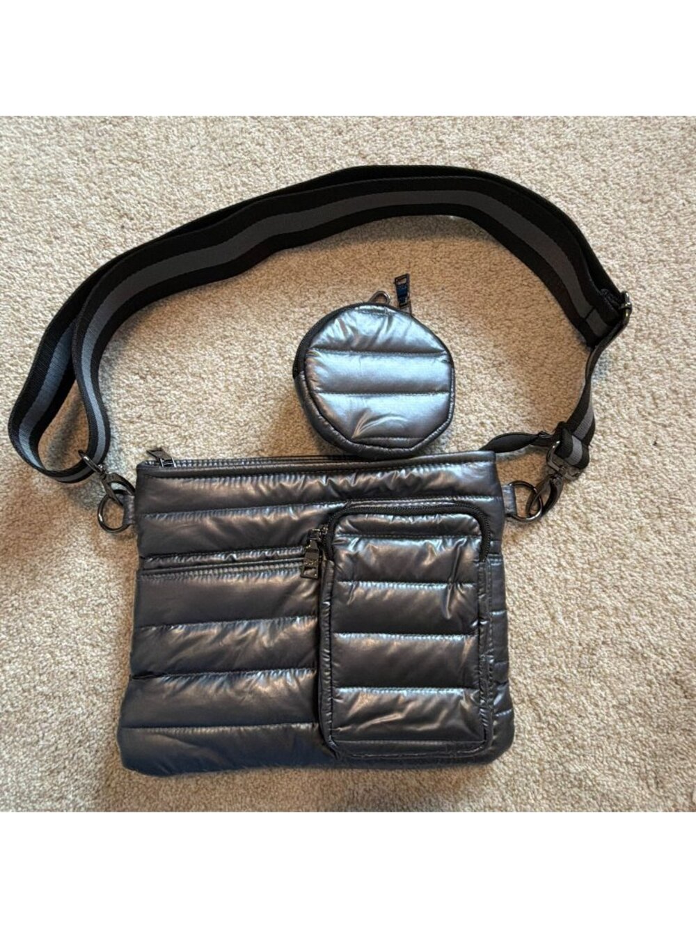 Think Royln Crossbody Purse Metallic Silver Quilted Puffer Pouch Striped Strap